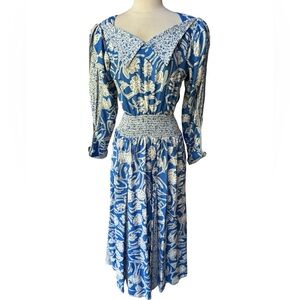 NWOT 1980s/Early 90s Jeanne Marc Rayon/Cotton Blend Prairie Smocked Waist Maxi‎